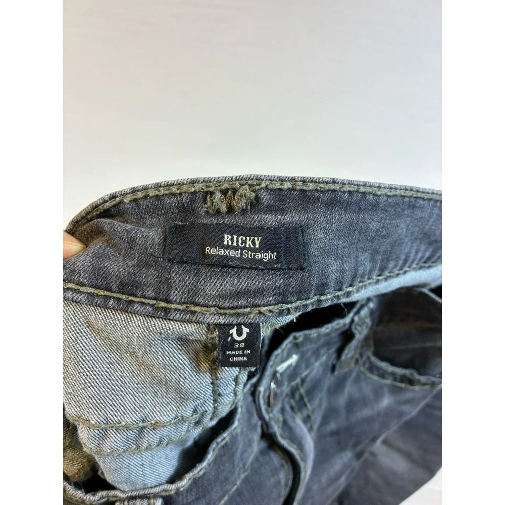 True Religion Ricky Relaxed Straight Jeans Men's‎ 38 Gray Big T Stitch Denim